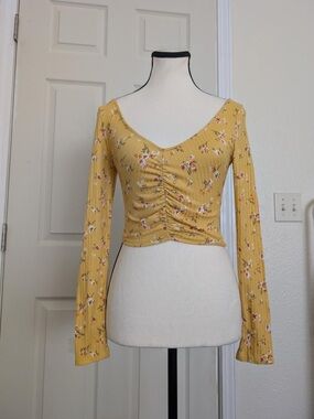 Floral Ruched Mustard Long-Sleeve Crop Top